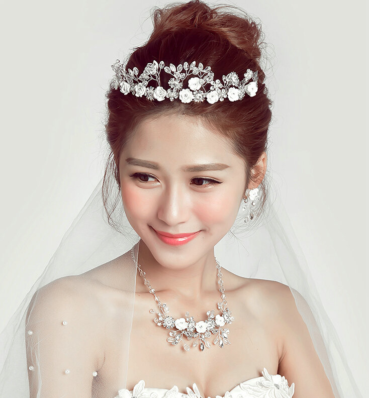 Ceramic Flower Crystals Beads Pearls Bridal Jewelry Tiaras Necklace Earring Wedding Sets 3pcs - White