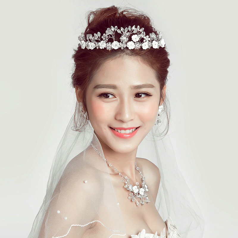 Ceramic Flower Crystals Beads Pearls Bridal Jewelry Tiaras Necklace Earring Wedding Sets 3pcs - White