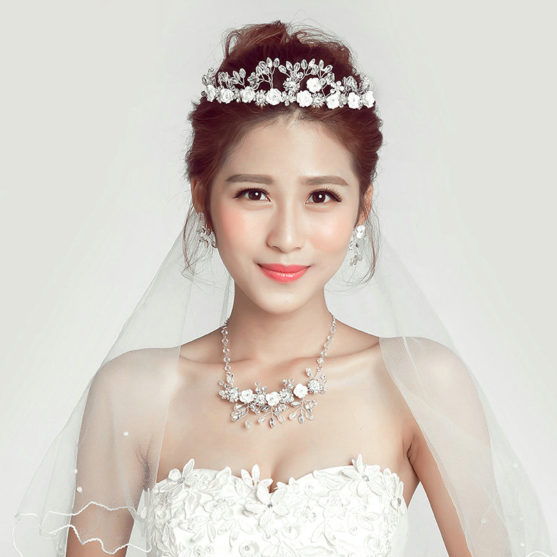 Ceramic Flower Crystals Beads Pearls Bridal Jewelry Tiaras Necklace Earring Wedding Sets 3pcs - White