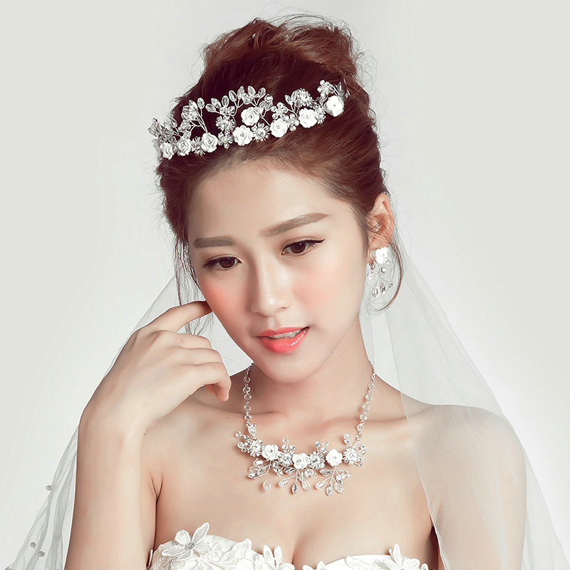 Ceramic Flower Crystals Beads Pearls Bridal Jewelry Tiaras Necklace Earring Wedding Sets 3pcs - White