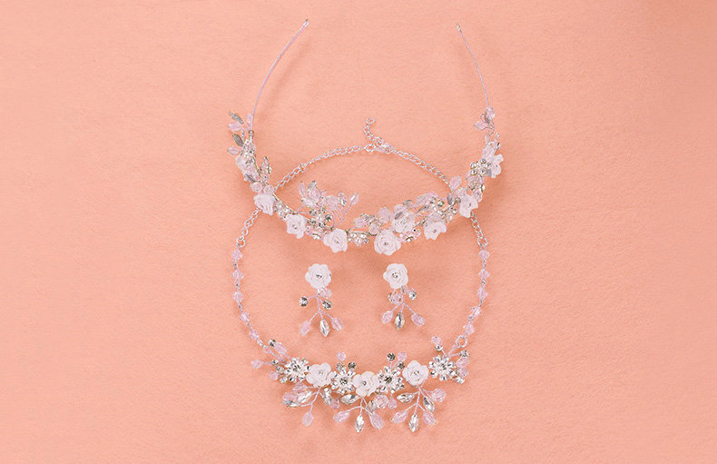 Ceramic Flower Crystals Beads Pearls Bridal Jewelry Tiaras Necklace Earring Wedding Sets 3pcs - White