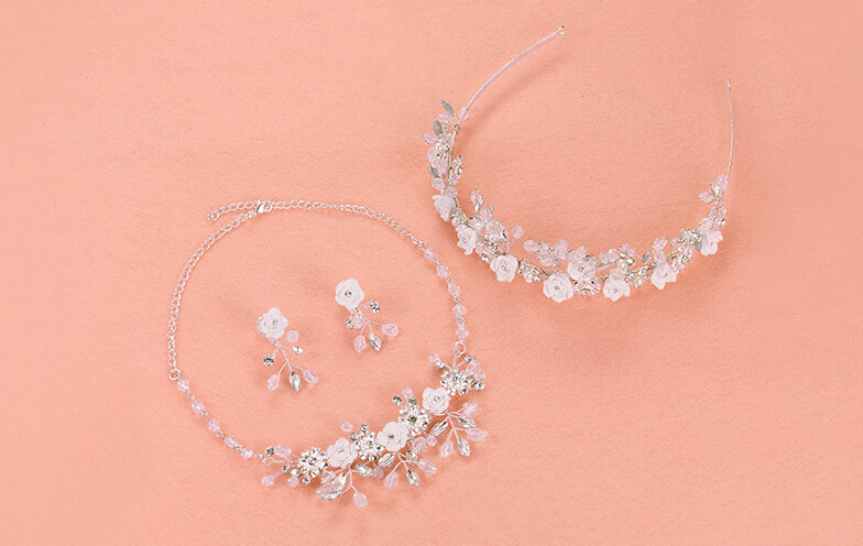 Ceramic Flower Crystals Beads Pearls Bridal Jewelry Tiaras Necklace Earring Wedding Sets 3pcs - White