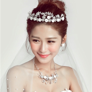Ceramic Flower Crystals Beads Pearls Bridal Jewelry Tiaras Necklace Earring Wedding Sets 3pcs - White