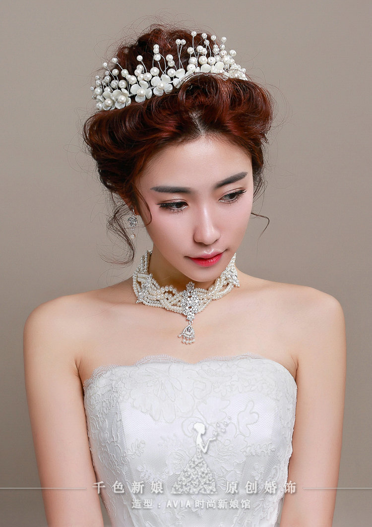 Ceramic Flower Pearl Crystals Bridal Tiaras Necklace Earring Queen Wedding Jewelry Sets 3pcs - White