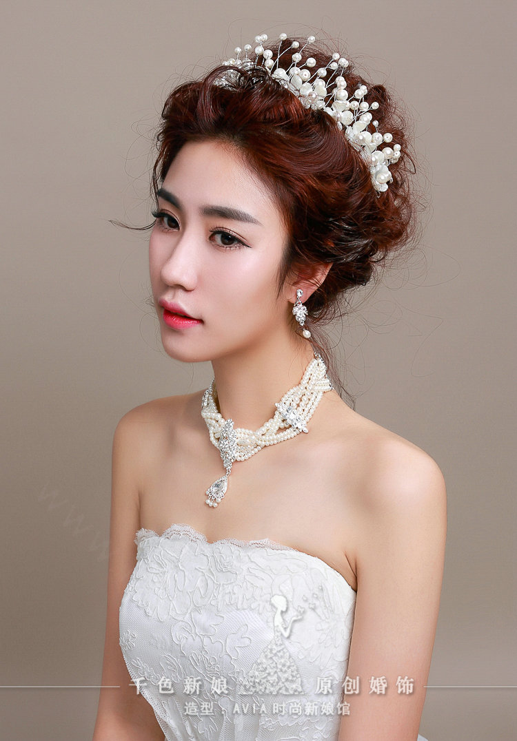 Ceramic Flower Pearl Crystals Bridal Tiaras Necklace Earring Queen Wedding Jewelry Sets 3pcs - White