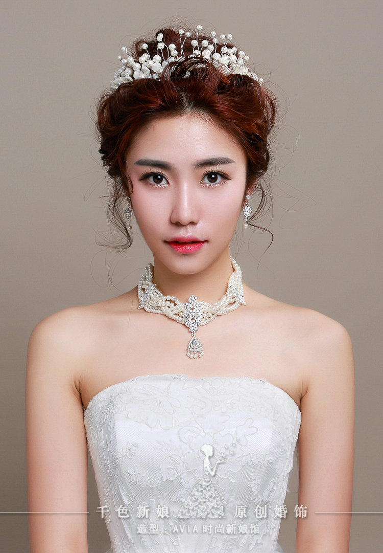 Ceramic Flower Pearl Crystals Bridal Tiaras Necklace Earring Queen Wedding Jewelry Sets 3pcs - White