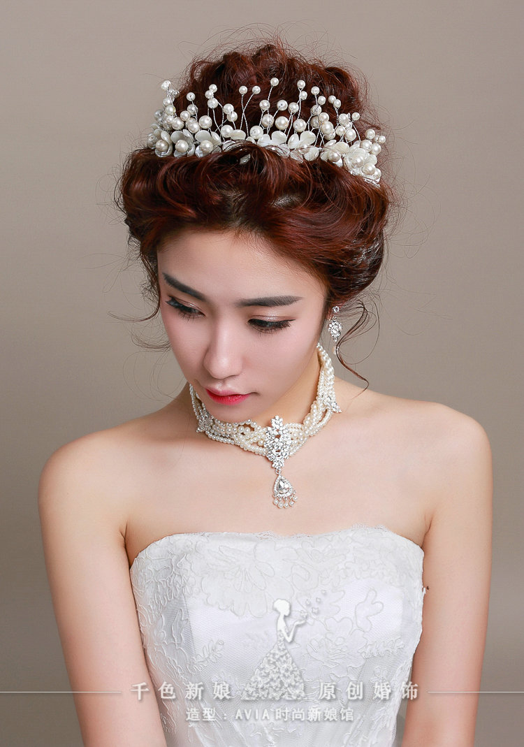 Ceramic Flower Pearl Crystals Bridal Tiaras Necklace Earring Queen Wedding Jewelry Sets 3pcs - White