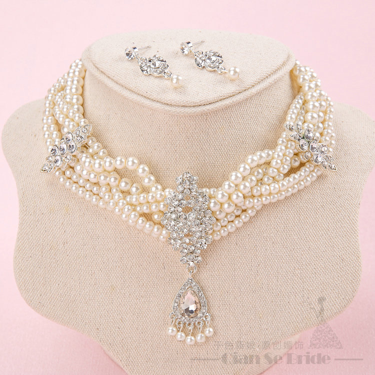 Ceramic Flower Pearl Crystals Bridal Tiaras Necklace Earring Queen Wedding Jewelry Sets 3pcs - White