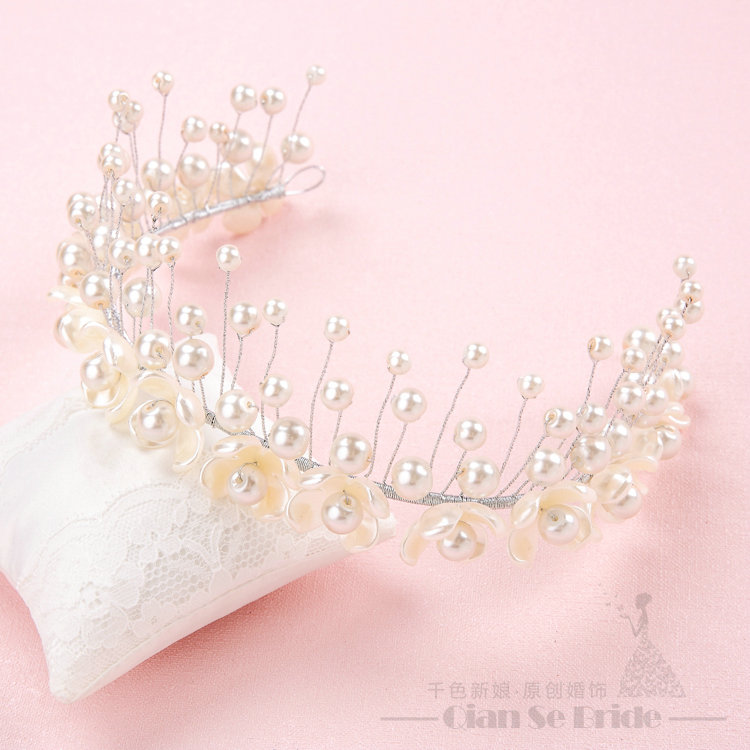 Ceramic Flower Pearl Crystals Bridal Tiaras Necklace Earring Queen Wedding Jewelry Sets 3pcs - White