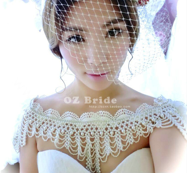 Classic Bridal Pearls Beads Tassel Shoulder Chain Wedding Lace Flower Cape Accessories
