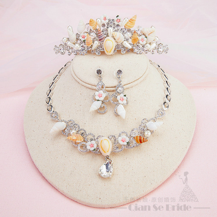 Conch Ceramic Flower Rhinestone Pearls Bridal Jewelry Tiaras Necklace Earring Women Wedding Sets 3pcs - White
