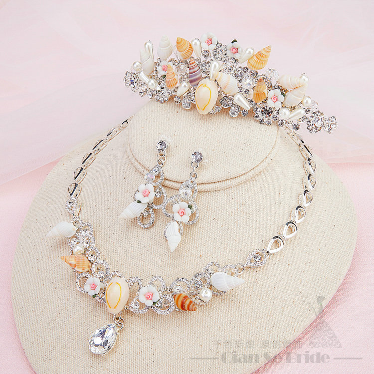 Conch Ceramic Flower Rhinestone Pearls Bridal Jewelry Tiaras Necklace Earring Women Wedding Sets 3pcs - White