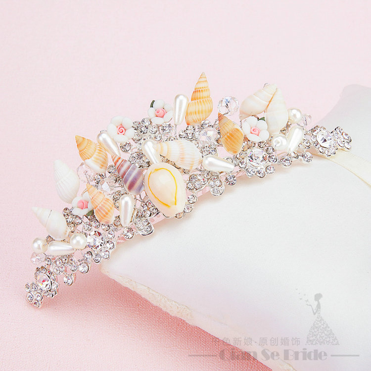 Conch Ceramic Flower Rhinestone Pearls Bridal Jewelry Tiaras Necklace Earring Women Wedding Sets 3pcs - White