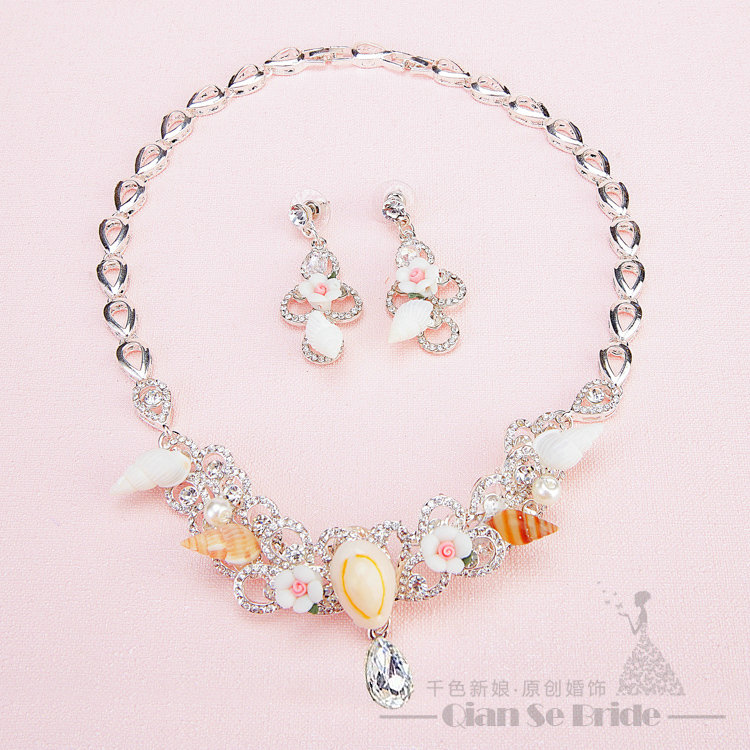 Conch Ceramic Flower Rhinestone Pearls Bridal Jewelry Tiaras Necklace Earring Women Wedding Sets 3pcs - White