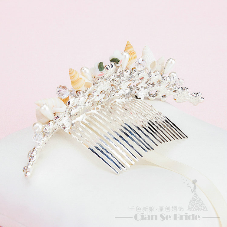 Conch Ceramic Flower Rhinestone Pearls Bridal Jewelry Tiaras Necklace Earring Women Wedding Sets 3pcs - White