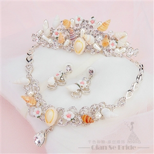Conch Ceramic Flower Rhinestone Pearls Bridal Jewelry Tiaras Necklace Earring Women Wedding Sets 3pcs - White
