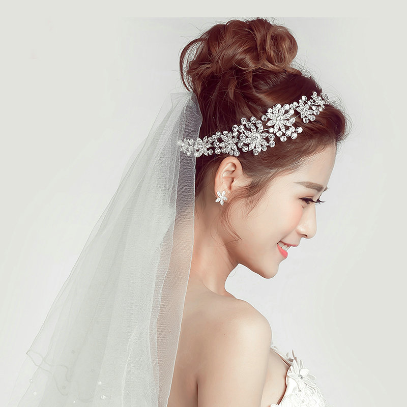 Crystal Alloy Flower Soft Chain Bride Crown Headbands Women Wedding Hair Accessories - Silver