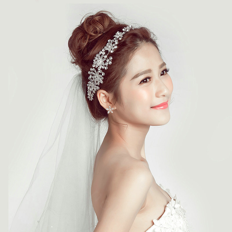 Crystal Alloy Flower Soft Chain Bride Crown Headbands Women Wedding Hair Accessories - Silver