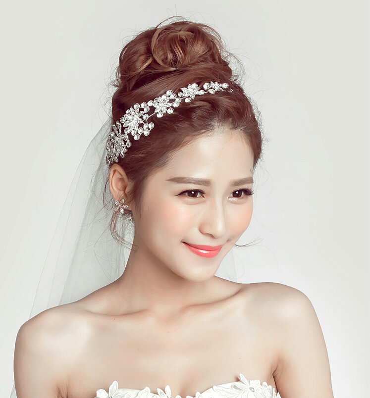 Crystal Alloy Flower Soft Chain Bride Crown Headbands Women Wedding Hair Accessories - Silver