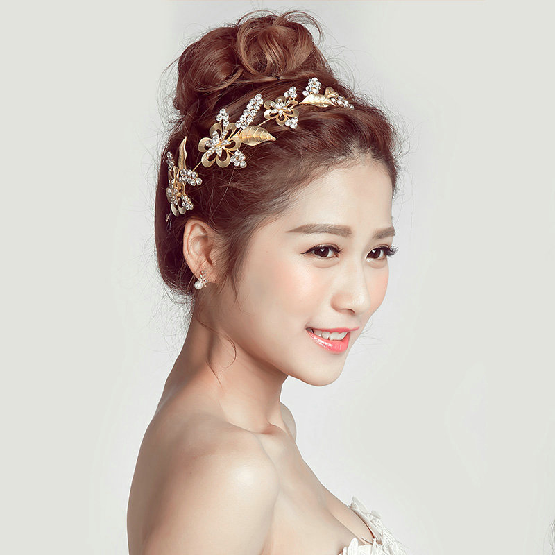 Crystal Alloy Hollow Flower Soft Chain Bride Headbands Women Wedding Hair Accessories - Gold