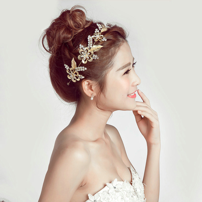 Crystal Alloy Hollow Flower Soft Chain Bride Headbands Women Wedding Hair Accessories - Gold