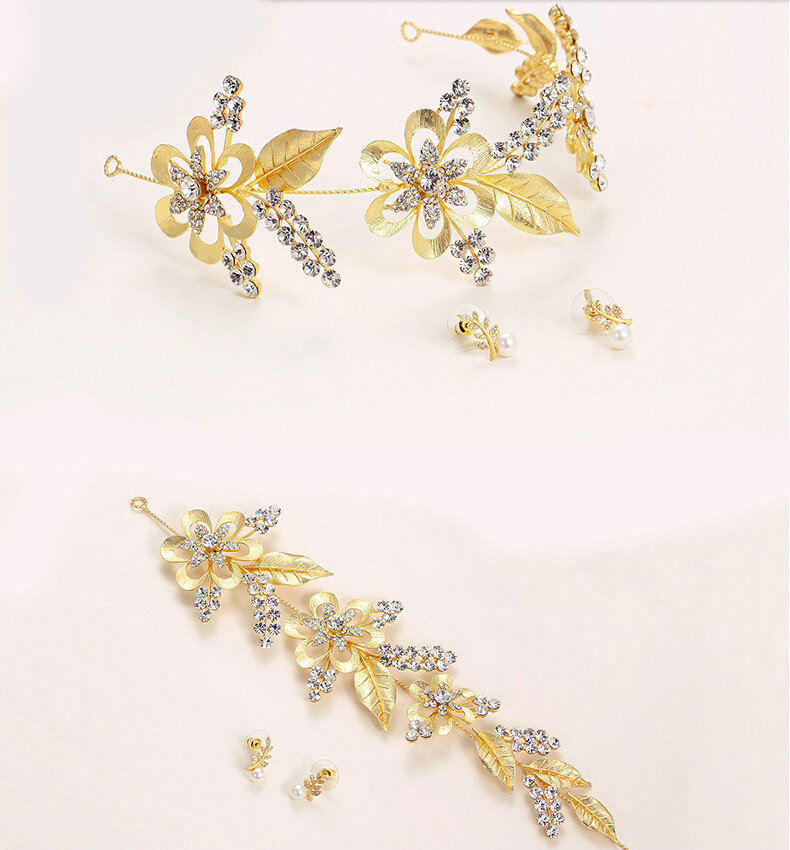 Crystal Alloy Hollow Flower Soft Chain Bride Headbands Women Wedding Hair Accessories - Gold