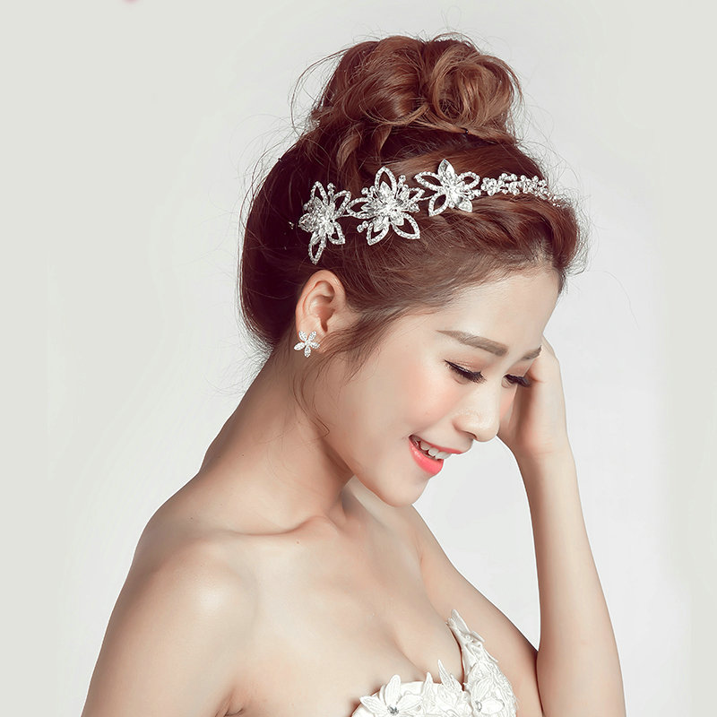 Crystal Alloy Hollow Flower Soft Chain Bride Headbands Women Wedding Hair Accessories - White