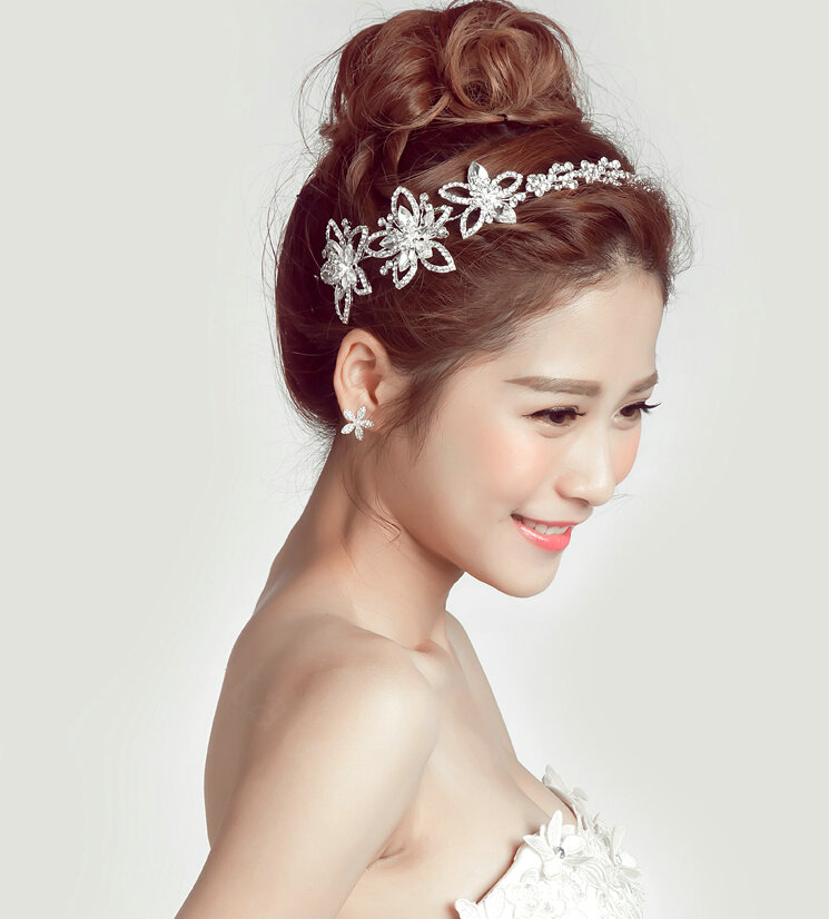 Crystal Alloy Hollow Flower Soft Chain Bride Headbands Women Wedding Hair Accessories - White