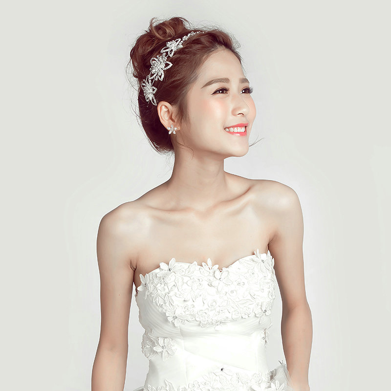 Crystal Alloy Hollow Flower Soft Chain Bride Headbands Women Wedding Hair Accessories - White