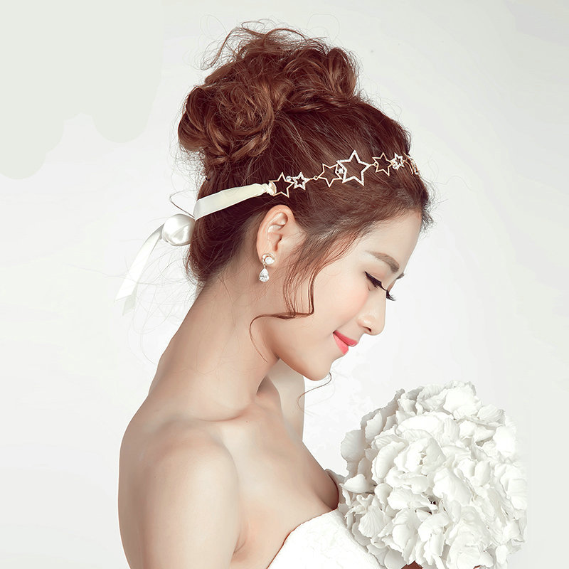 Crystal Alloy Hollow Star Soft Chain Bride Headbands Women Wedding Hair Accessories - White