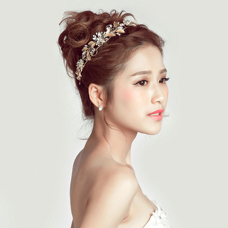 Crystal Alloy Leaves Flower Soft Chain Bride Headbands Women Wedding Hair Accessories - Gold