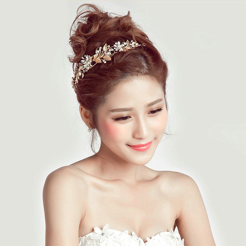 Crystal Alloy Leaves Flower Soft Chain Bride Headbands Women Wedding Hair Accessories - Gold