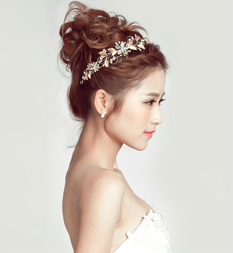 Crystal Alloy Leaves Flower Soft Chain Bride Headbands Women Wedding Hair Accessories - Gold
