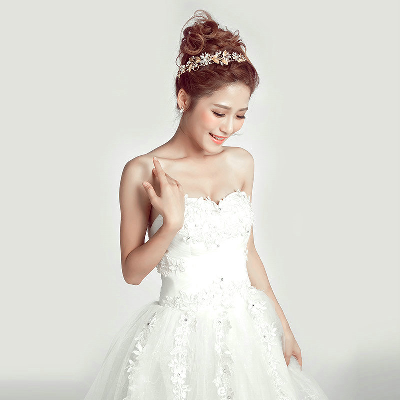 Crystal Alloy Leaves Flower Soft Chain Bride Headbands Women Wedding Hair Accessories - Gold