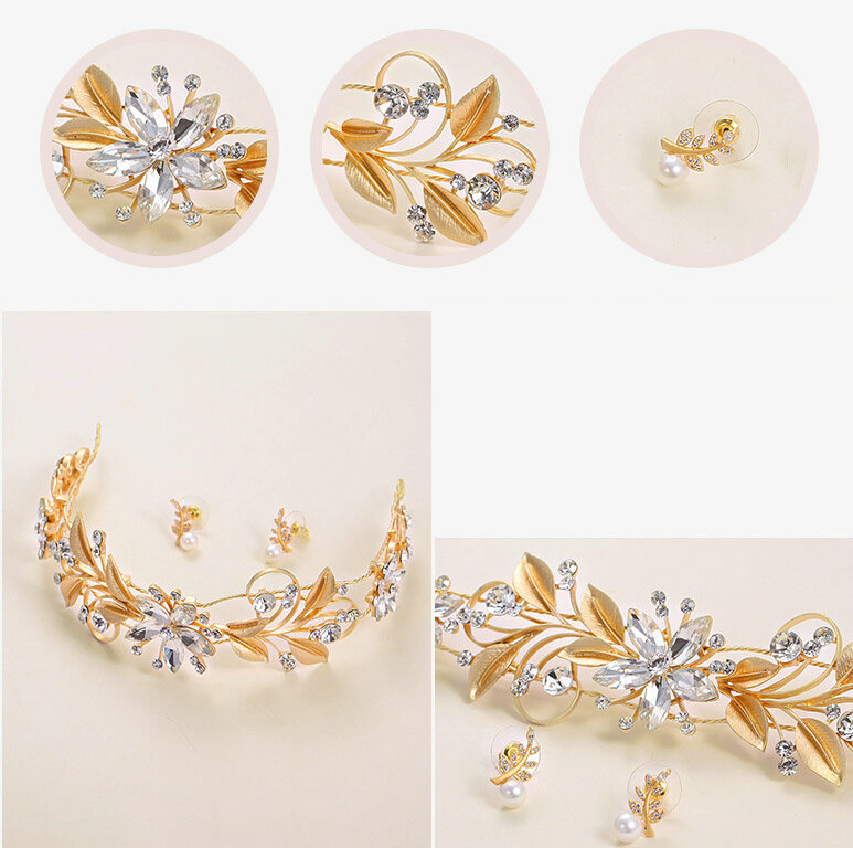 Crystal Alloy Leaves Flower Soft Chain Bride Headbands Women Wedding Hair Accessories - Gold