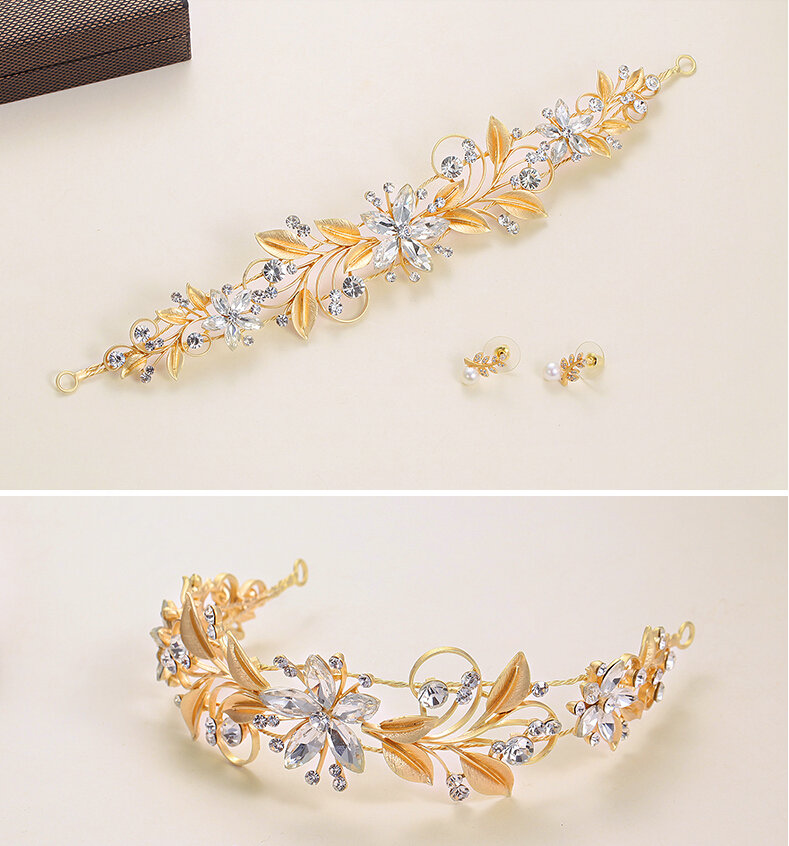 Crystal Alloy Leaves Flower Soft Chain Bride Headbands Women Wedding Hair Accessories - Gold