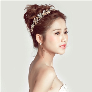 Crystal Alloy Leaves Flower Soft Chain Bride Headbands Women Wedding Hair Accessories - Gold
