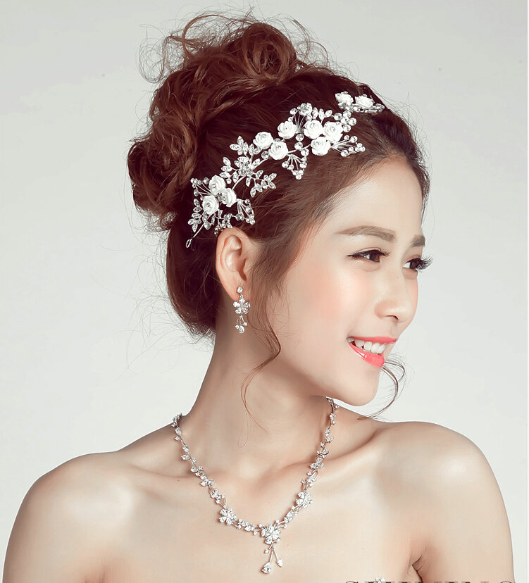 Crystal Beaded Flower Alloy Soft Chain Bridal Headbands Hair Accessories - White