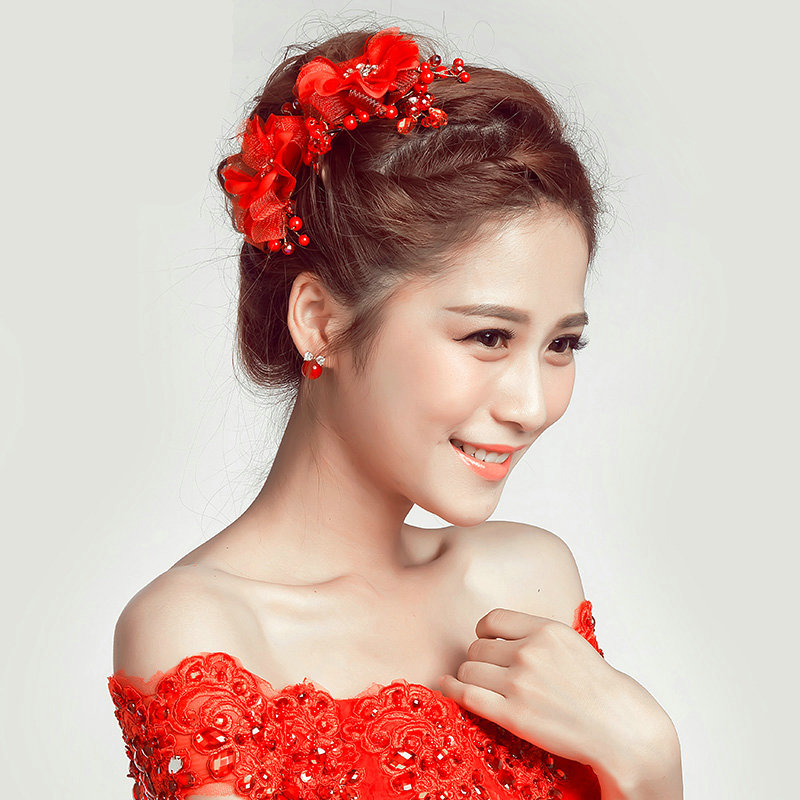 Crystal Beaded Lace Flower Bride Headbands Women Wedding Hair Accessories - Red