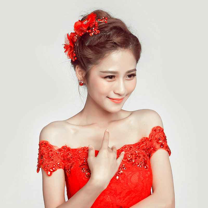 Crystal Beaded Lace Flower Bride Headbands Women Wedding Hair Accessories - Red