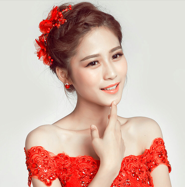 Crystal Beaded Lace Flower Bride Headbands Women Wedding Hair Accessories - Red