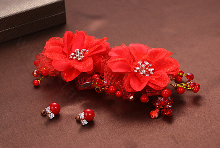 Crystal Beaded Lace Flower Bride Headbands Women Wedding Hair Accessories - Red