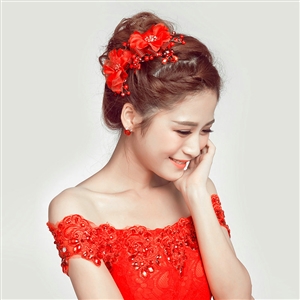 Crystal Beaded Lace Flower Bride Headbands Women Wedding Hair Accessories - Red