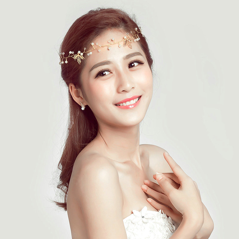 Crystal Beaded Leaves Alloy Soft Chain Bridal Headbands Women Wedding Hair Accessories - Gold