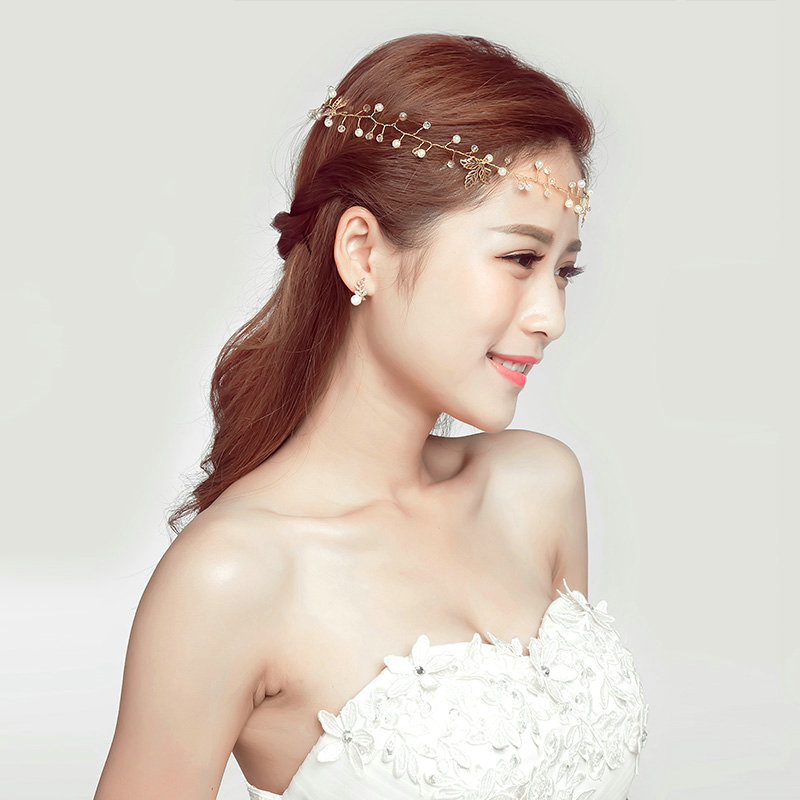Crystal Beaded Leaves Alloy Soft Chain Bridal Headbands Women Wedding Hair Accessories - Gold
