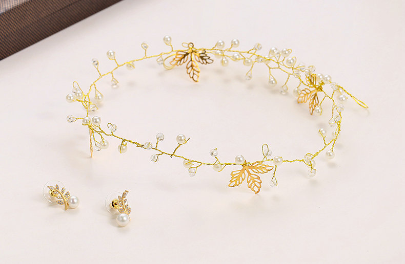 Crystal Beaded Leaves Alloy Soft Chain Bridal Headbands Women Wedding Hair Accessories - Gold