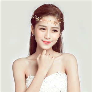 Crystal Beaded Leaves Alloy Soft Chain Bridal Headbands Women Wedding Hair Accessories - Gold