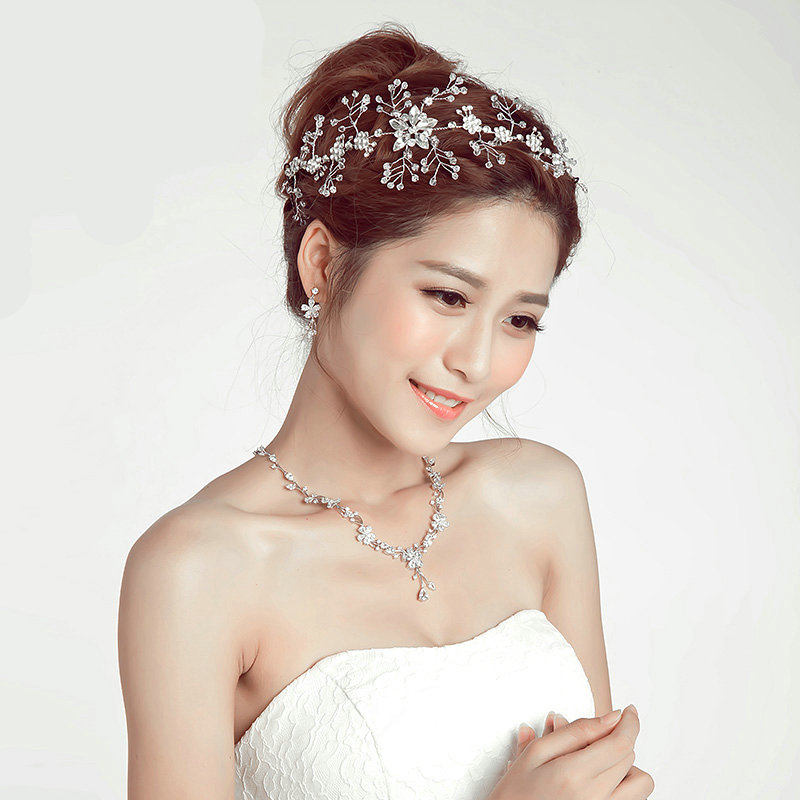 Crystal Beads Alloy Flower Soft Chain Bride Headbands Women Wedding Hair Accessories - Silver