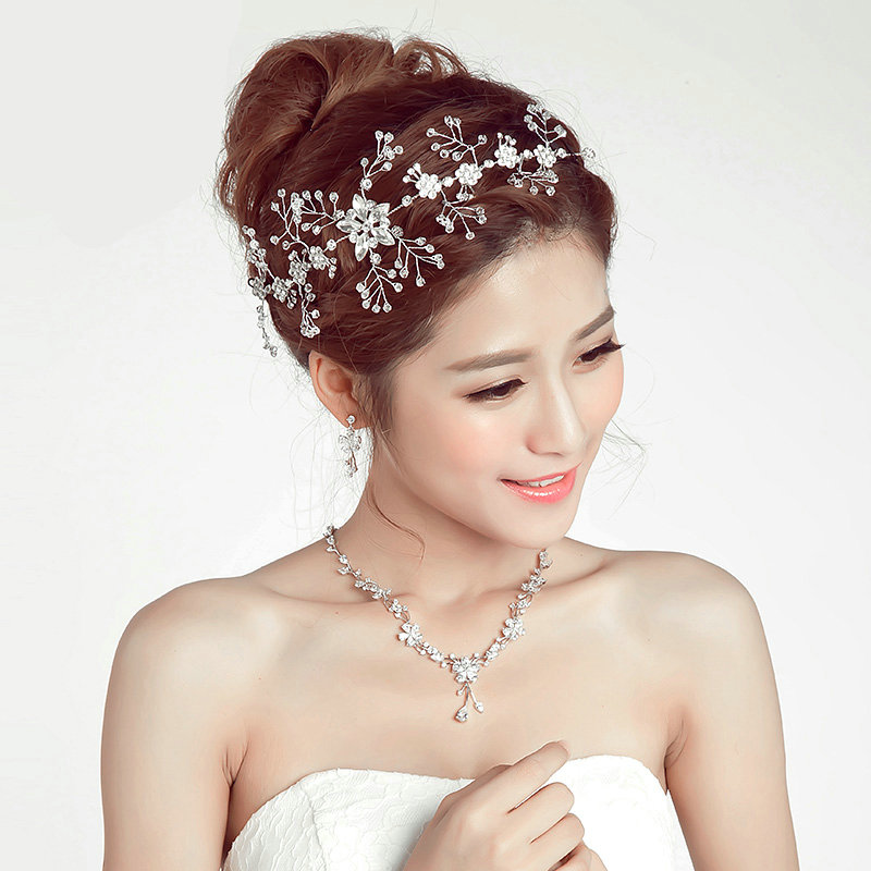 Crystal Beads Alloy Flower Soft Chain Bride Headbands Women Wedding Hair Accessories - Silver