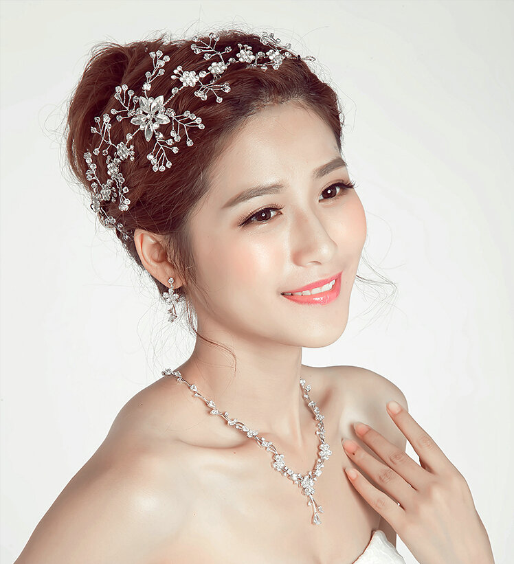 Crystal Beads Alloy Flower Soft Chain Bride Headbands Women Wedding Hair Accessories - Silver